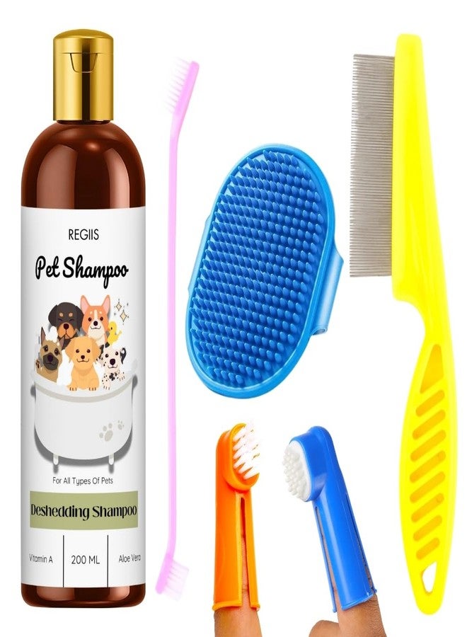 مجموعة شامبو ريجيس لإزالة الشعر الزائد للحيوانات الأليفة مع فرشاة تنظيف، مشط، أداة تدليك، 200 مل، للكلاب والقطط وجميع أنواع الحيوانات الأليفة (عبوة من 4 قطع) - Image 1